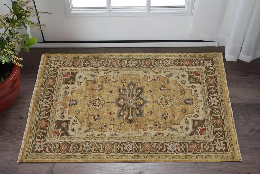 Tan Brown and Gold Wool Oriental Hand Knotted Area Rug Photo 1