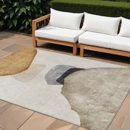 Tan Brown and Gray Abstract Washable Non Skid Indoor Outdoor Area Rug Photo 1