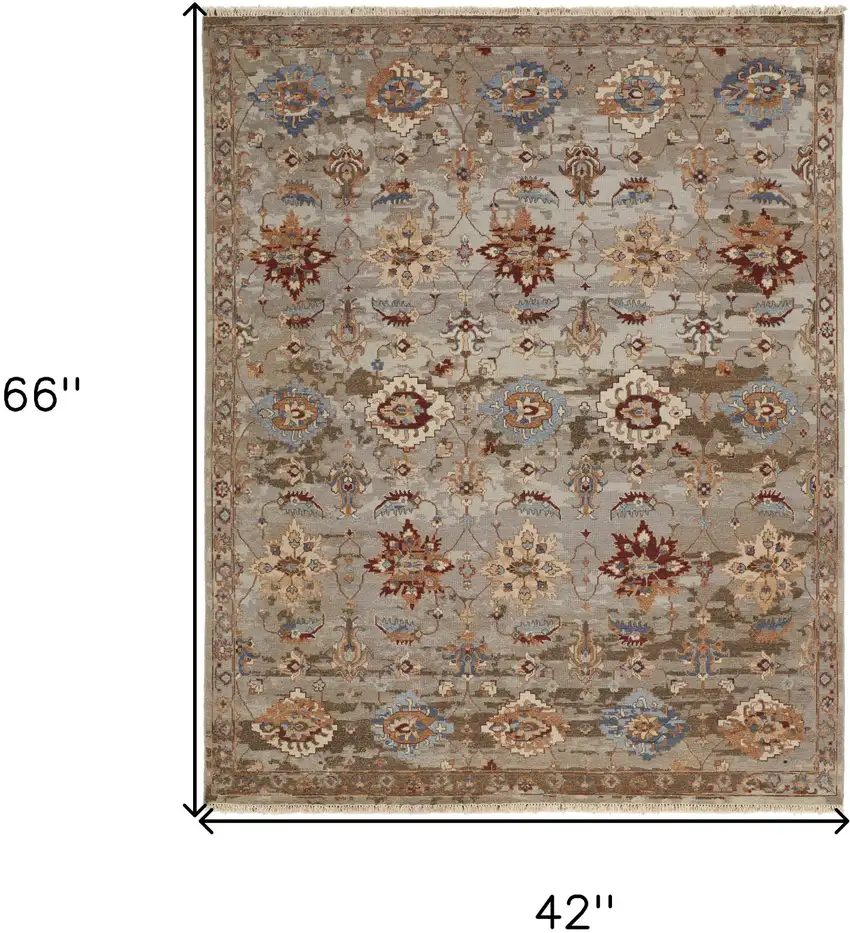 Tan Brown and Gray Wool Floral Hand Knotted Area Rug With Fringe Photo 3