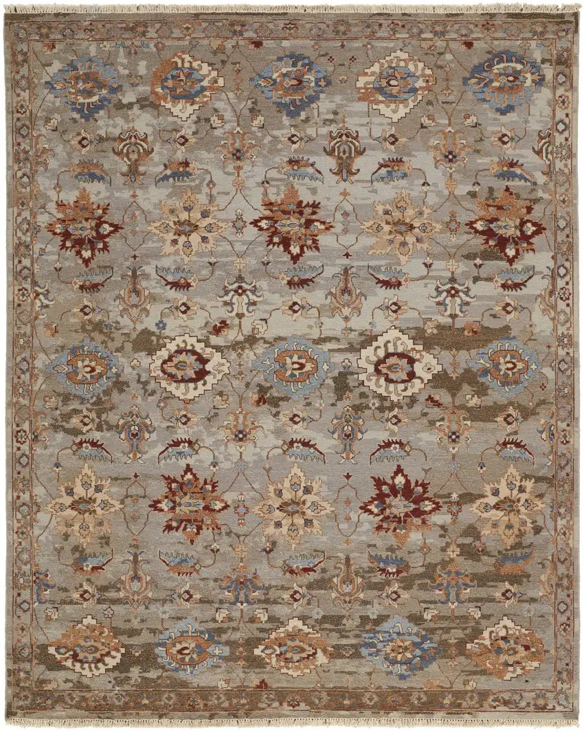 Tan Brown and Gray Wool Floral Hand Knotted Area Rug With Fringe Photo 2