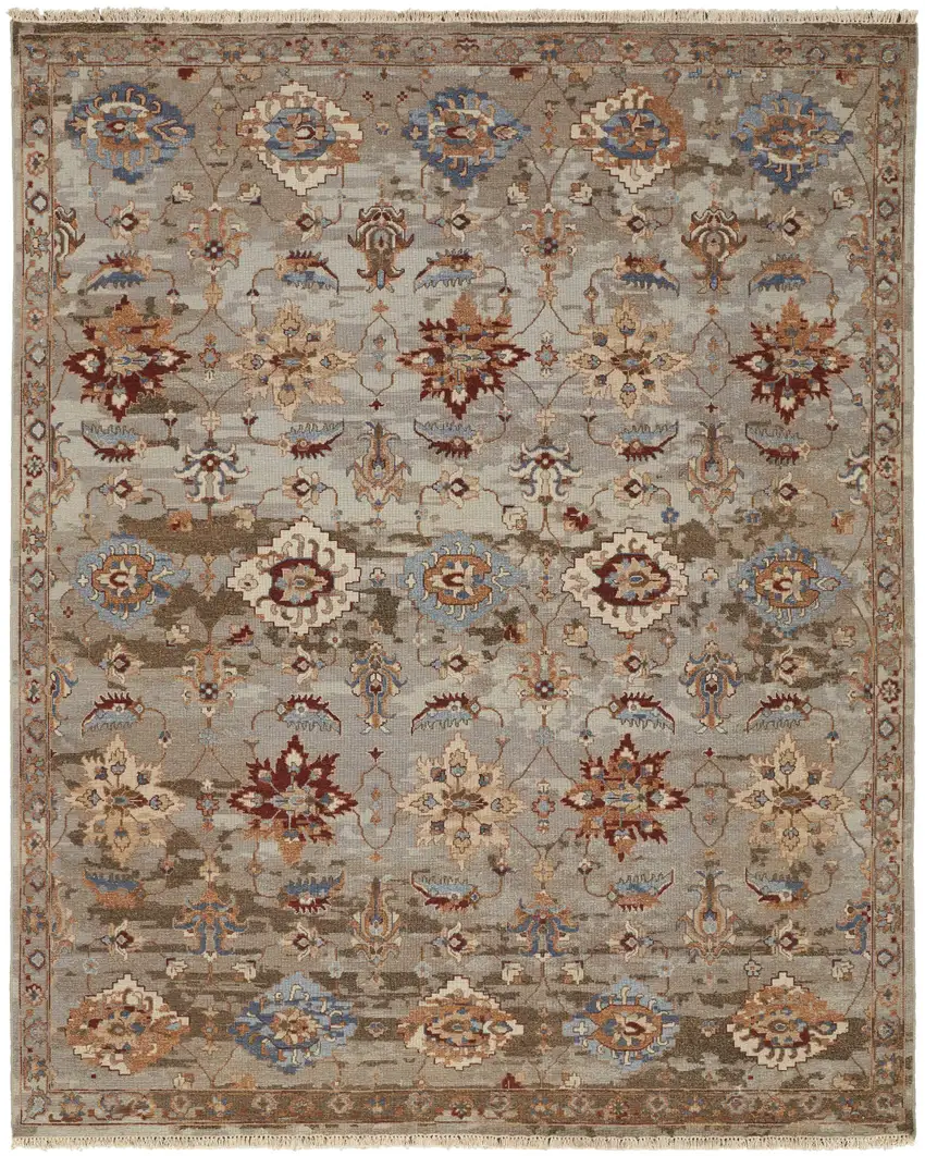 Tan Brown and Gray Wool Floral Hand Knotted Area Rug With Fringe Photo 6