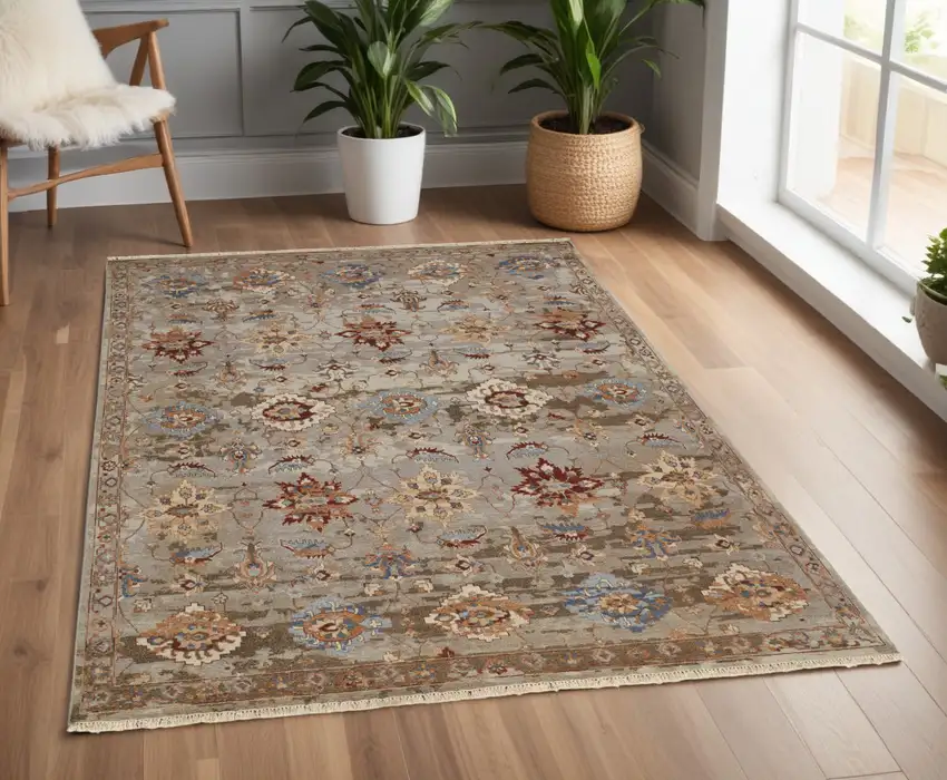 Tan Brown and Gray Wool Floral Hand Knotted Area Rug With Fringe Photo 1