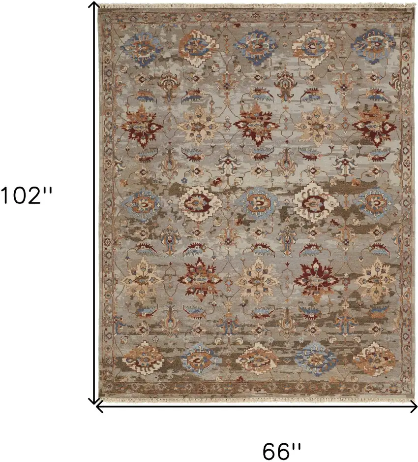Tan Brown and Gray Wool Floral Hand Knotted Area Rug With Fringe Photo 3