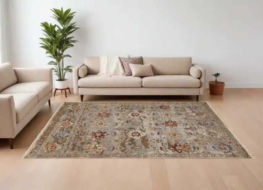 Tan Brown and Gray Wool Floral Hand Knotted Area Rug With Fringe Photo 1