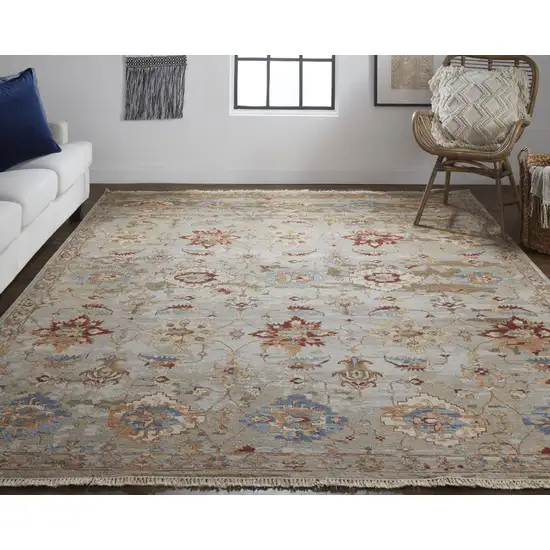 Tan Brown and Gray Wool Floral Hand Knotted Area Rug With Fringe Photo 9