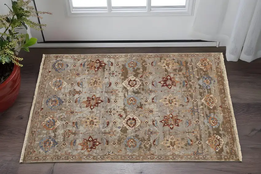 Tan Brown and Gray Wool Floral Hand Knotted Area Rug With Fringe Photo 1