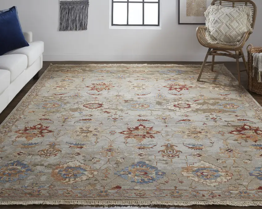 Tan Brown and Gray Wool Floral Hand Knotted Area Rug With Fringe Photo 8