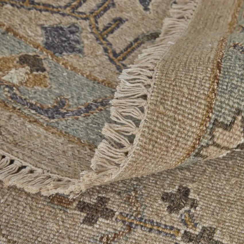 Tan Brown and Gray Wool Oriental Hand Knotted Area Rug With Fringe Photo 7