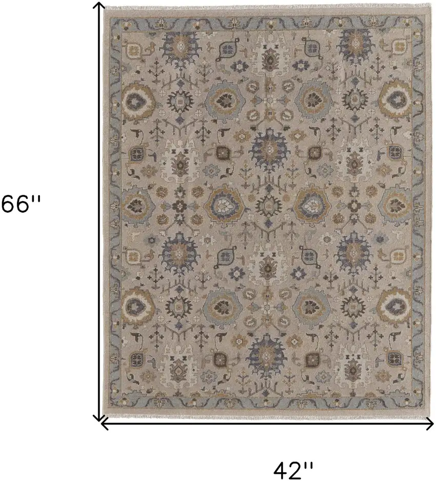 Tan Brown and Gray Wool Oriental Hand Knotted Area Rug With Fringe Photo 3