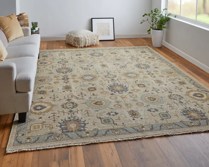 Tan Brown and Gray Wool Oriental Hand Knotted Area Rug With Fringe Photo 8