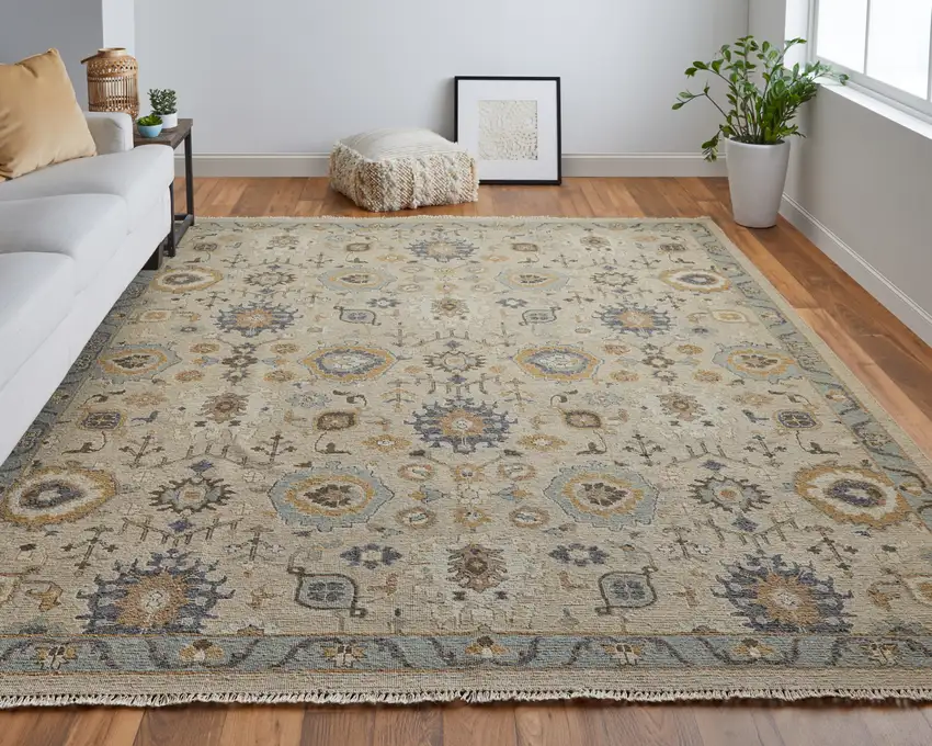 Tan Brown and Gray Wool Oriental Hand Knotted Area Rug With Fringe Photo 9
