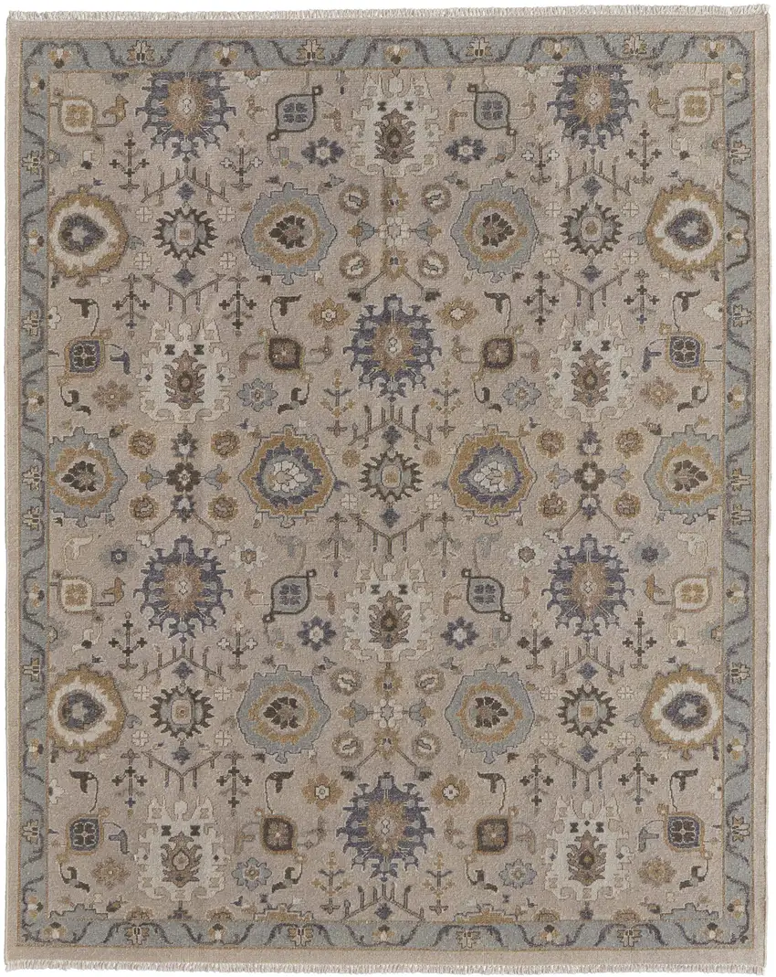 Tan Brown and Gray Wool Oriental Hand Knotted Area Rug With Fringe Photo 2