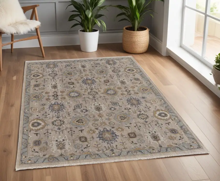 Tan Brown and Gray Wool Oriental Hand Knotted Area Rug With Fringe Photo 1