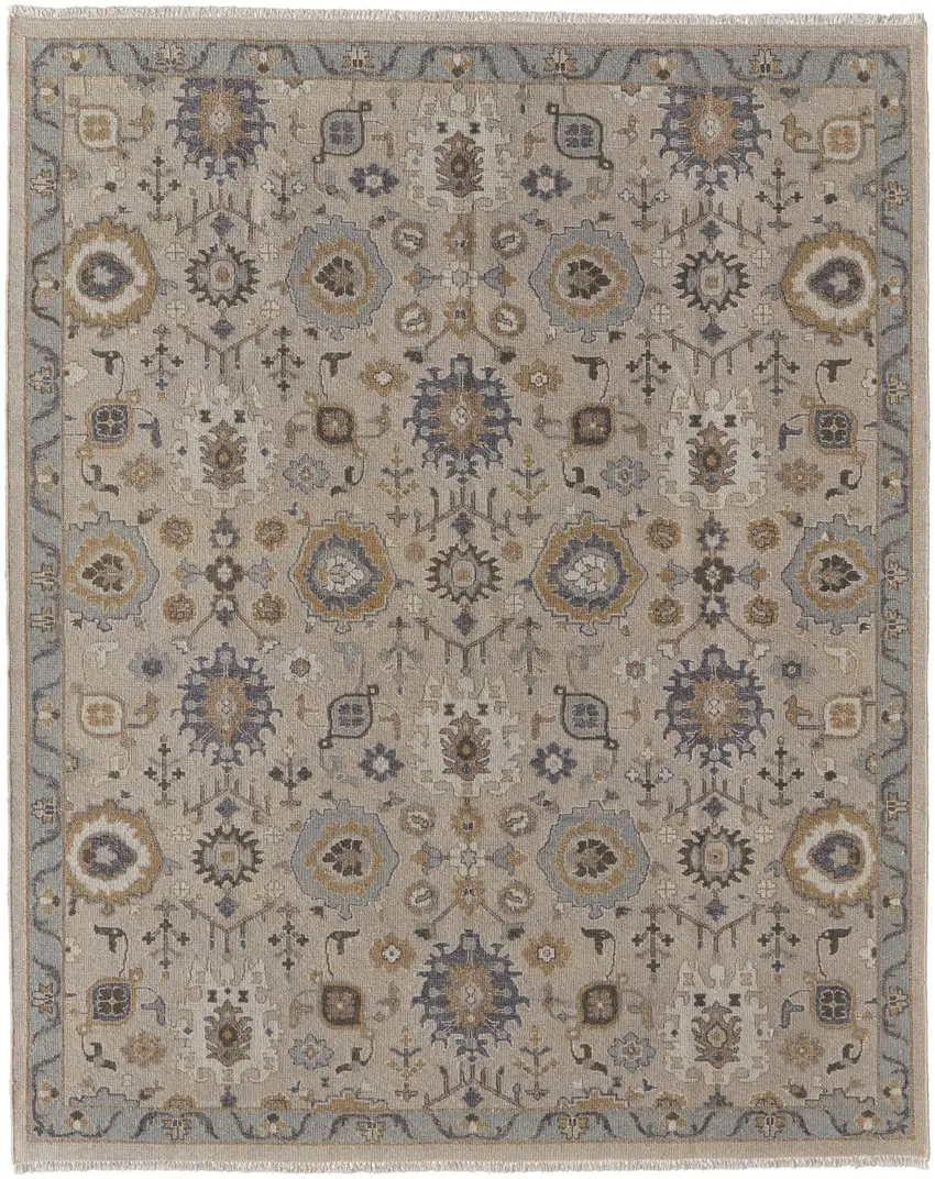 Tan Brown and Gray Wool Oriental Hand Knotted Area Rug With Fringe Photo 6