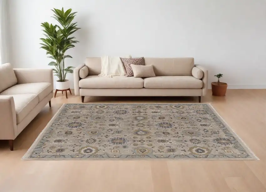 Tan Brown and Gray Wool Oriental Hand Knotted Area Rug With Fringe Photo 1
