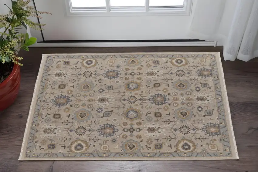 Tan Brown and Gray Wool Oriental Hand Knotted Area Rug With Fringe Photo 1