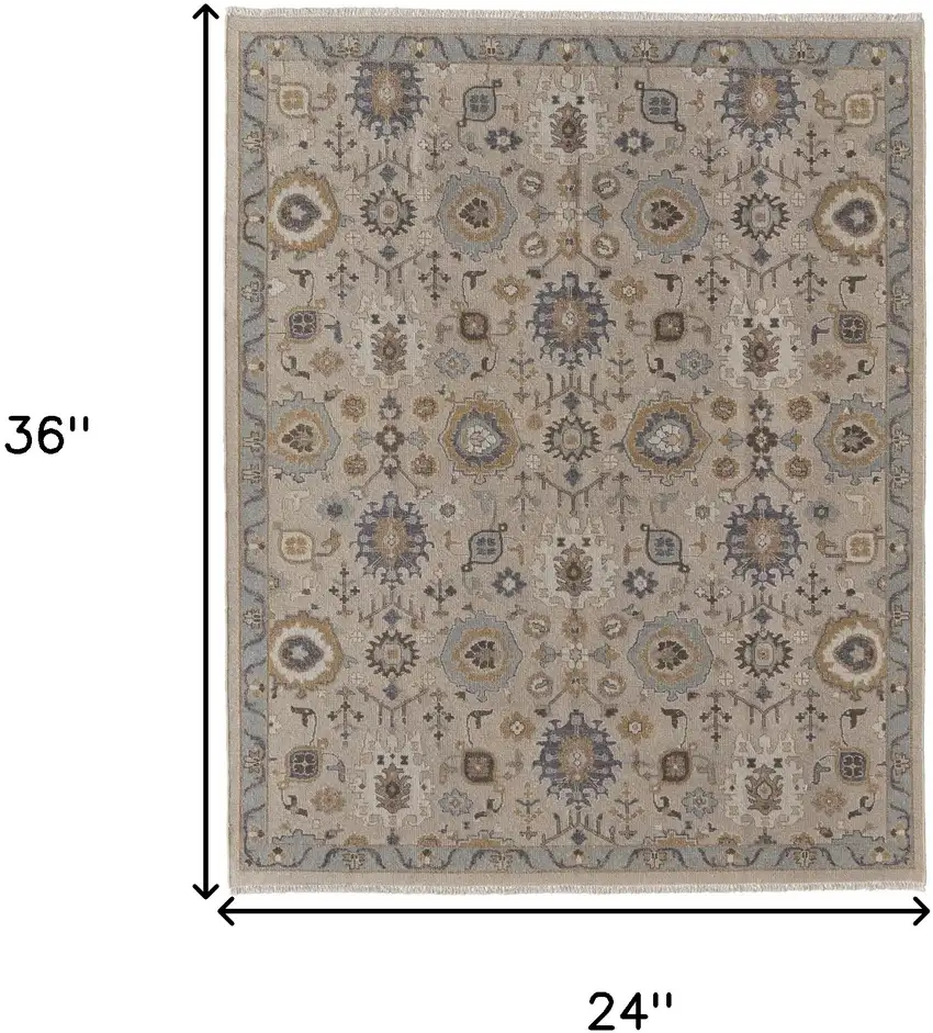 Tan Brown and Gray Wool Oriental Hand Knotted Area Rug With Fringe Photo 3