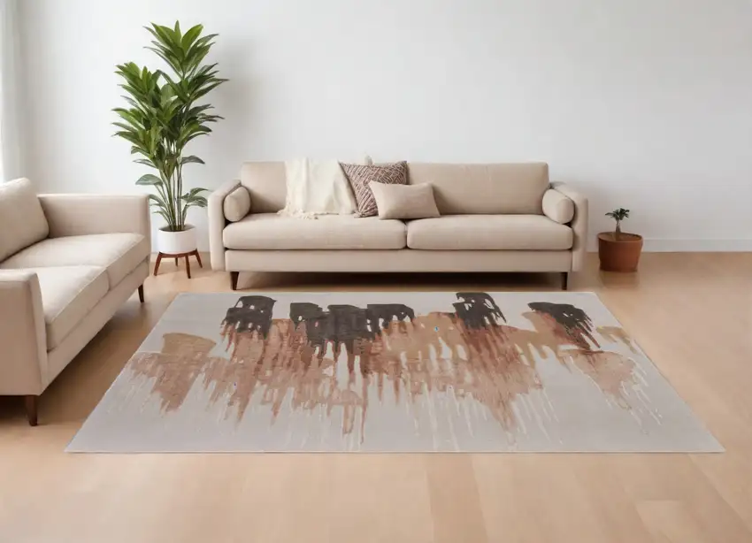 Tan Brown and Orange Abstract Hand Tufted Area Rug Photo 1