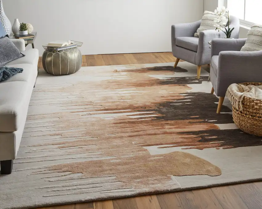 Tan Brown and Orange Abstract Hand Tufted Area Rug Photo 7