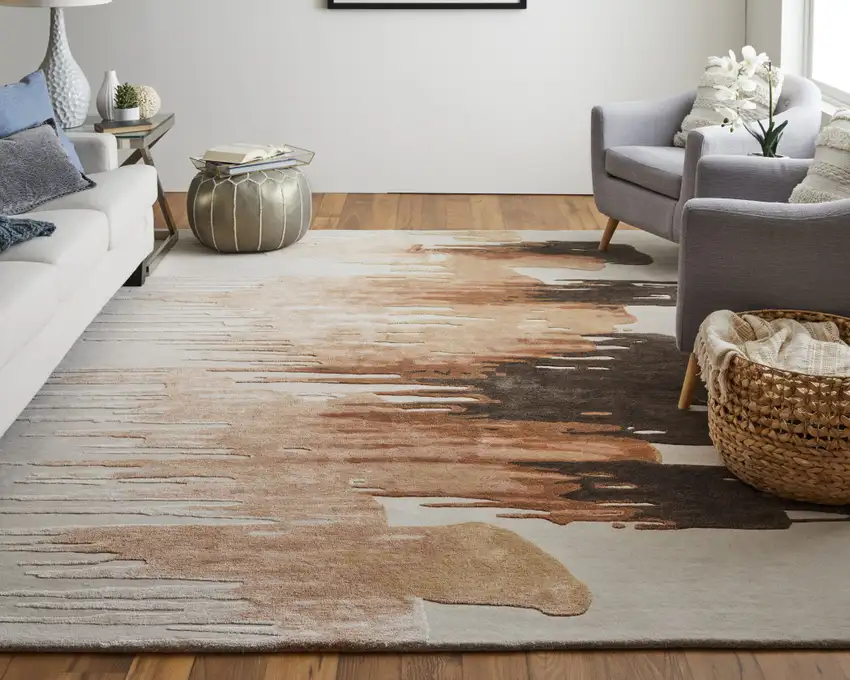 Tan Brown and Orange Abstract Hand Tufted Area Rug Photo 6