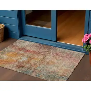 Photo of Tan Copper And Terra Cotta Abstract Washable Indoor Outdoor Area Rug