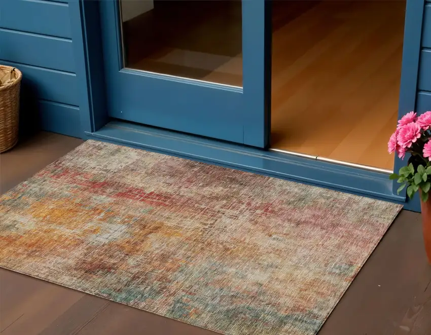 Tan Copper And Terra Cotta Abstract Washable Indoor Outdoor Area Rug Photo 1