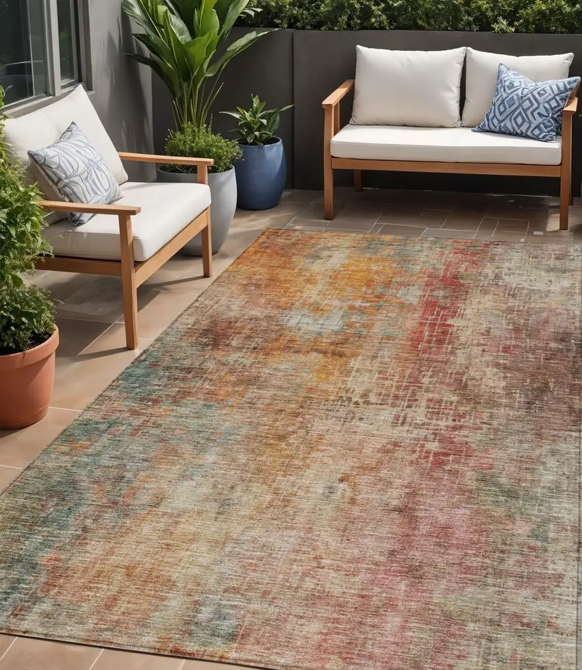 Tan Copper And Terra Cotta Abstract Washable Indoor Outdoor Area Rug Photo 1