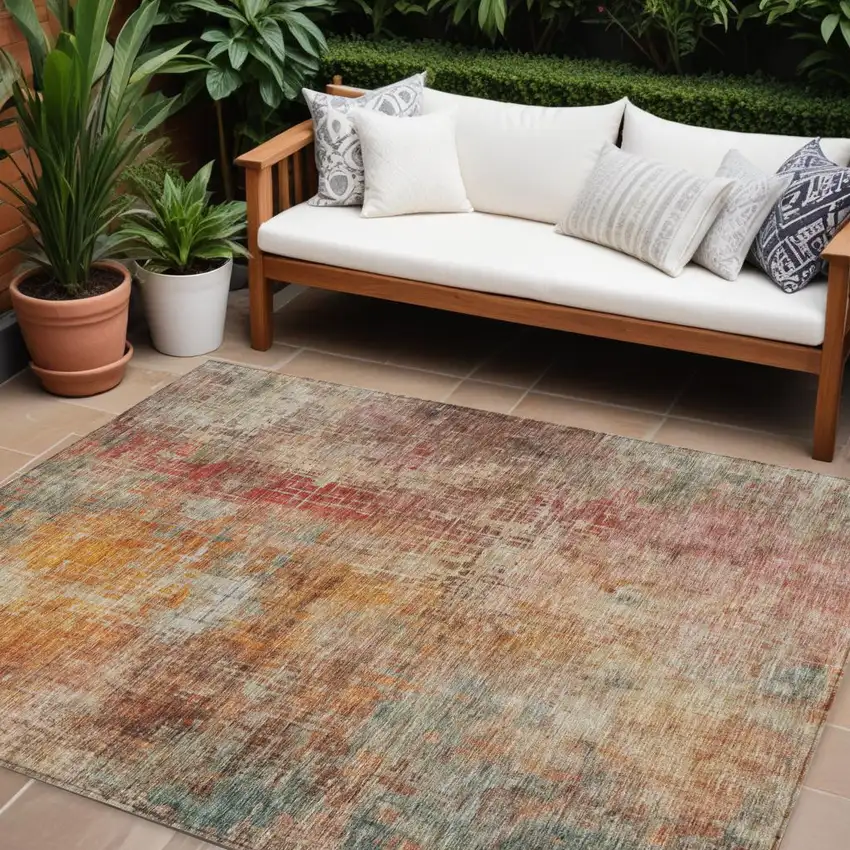Tan Copper And Terra Cotta Abstract Washable Indoor Outdoor Area Rug Photo 1