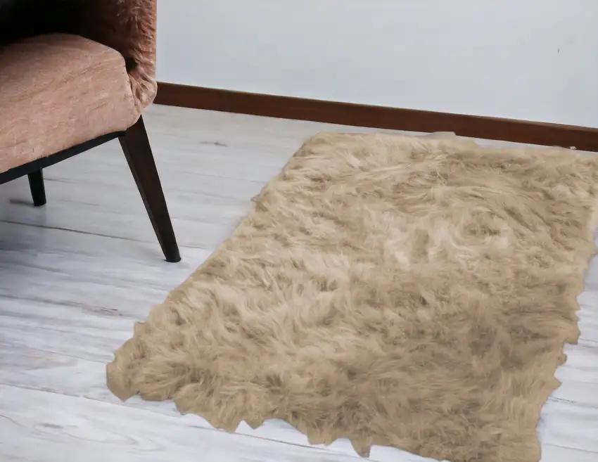 Tan Faux Fur Rectangular Area Rug Photo 1