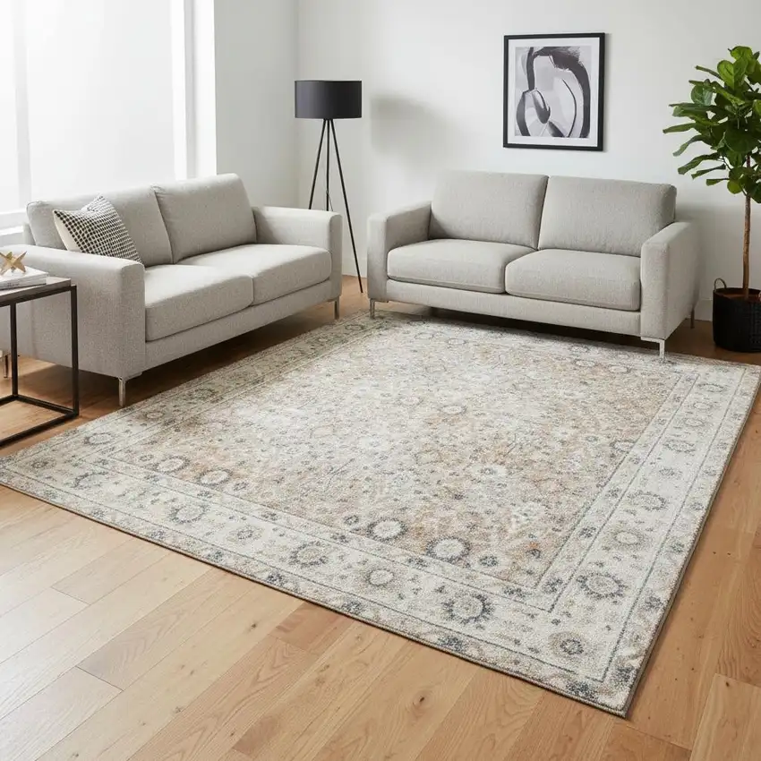 Tan Floral Distressed Area Rug Photo 1