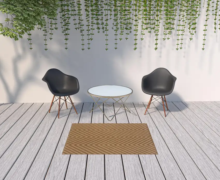 Tan Geometric Stain Resistant Indoor Outdoor Area Rug Photo 2