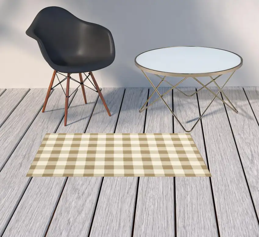 Tan Geometric Stain Resistant Indoor Outdoor Area Rug Photo 2
