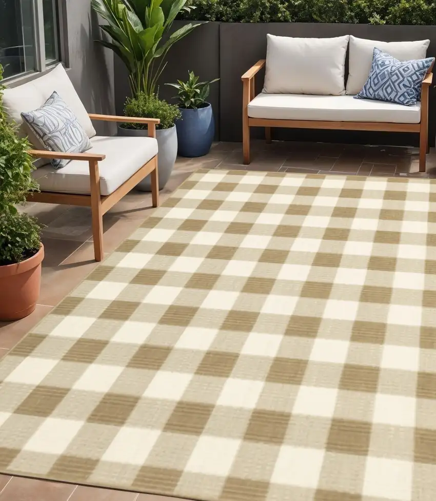 Gray and Ivory Geometric Stain Resistant Indoor Outdoor Area Rug Photo 1