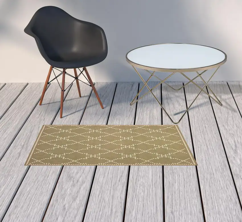 Tan Geometric Stain Resistant Indoor Outdoor Area Rug Photo 2