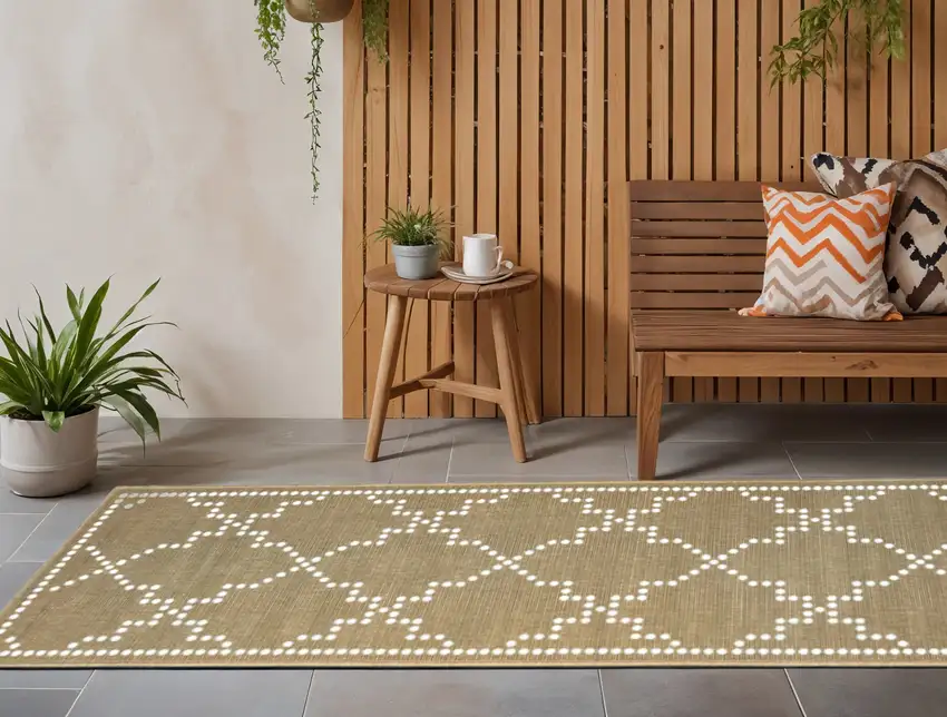 Tan Geometric Stain Resistant Indoor Outdoor Area Rug Photo 1