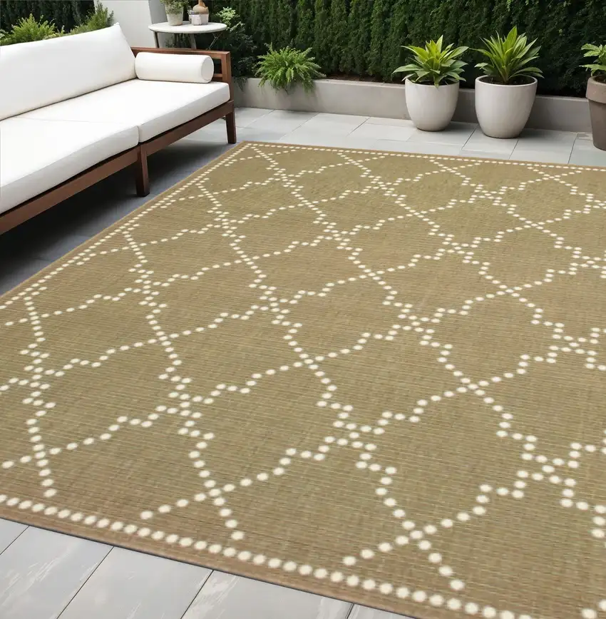 Tan Geometric Stain Resistant Indoor Outdoor Area Rug Photo 1