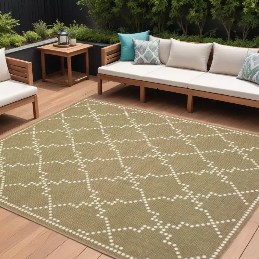 Tan Geometric Stain Resistant Indoor Outdoor Area Rug Photo 1
