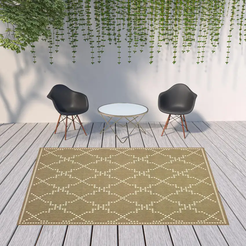 Tan Geometric Stain Resistant Indoor Outdoor Area Rug Photo 2