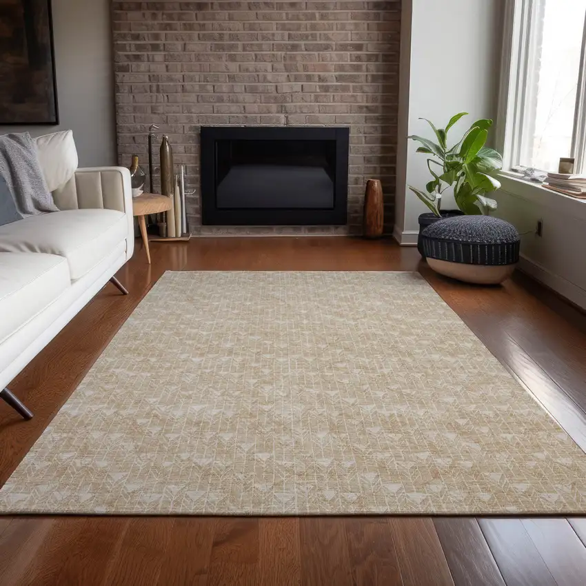 Tan Geometric Washable Non Skid Indoor Outdoor Area Rug Photo 9