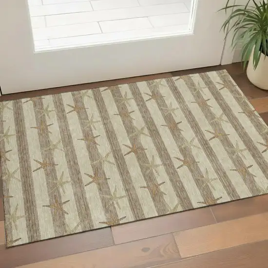 Tan Gold And Beige Geometric Washable Area Rug With UV Protection Photo 1