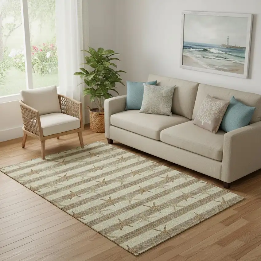 Tan Gold And Beige Geometric Washable Area Rug With UV Protection Photo 1