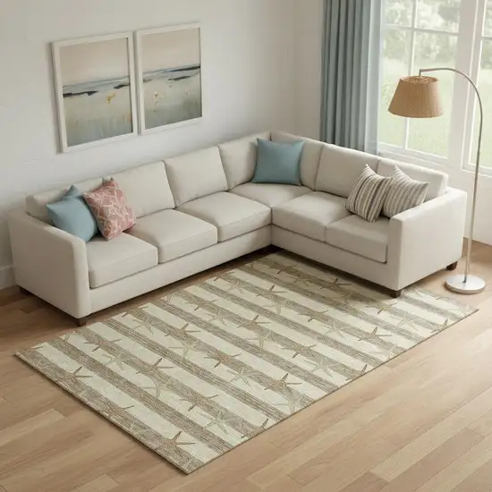 Tan Gold And Beige Geometric Washable Area Rug With UV Protection Photo 1