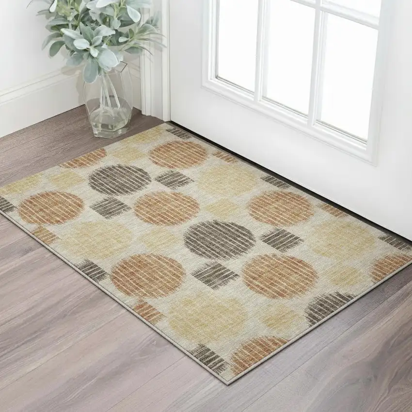 Tan Gold And Brown Geometric Washable Area Rug With UV Protection Photo 2