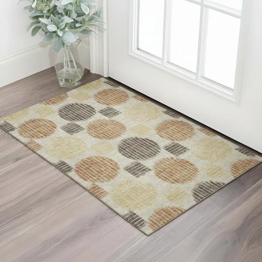 Tan Gold And Brown Geometric Washable Area Rug With UV Protection Photo 1