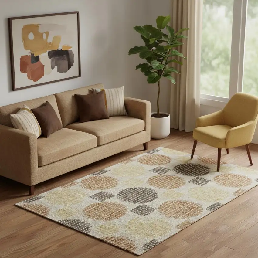 Tan Gold And Brown Geometric Washable Area Rug With UV Protection Photo 1