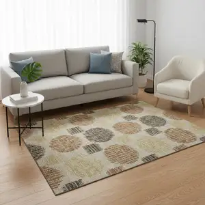 Photo of Tan Gold And Brown Geometric Washable Area Rug With UV Protection