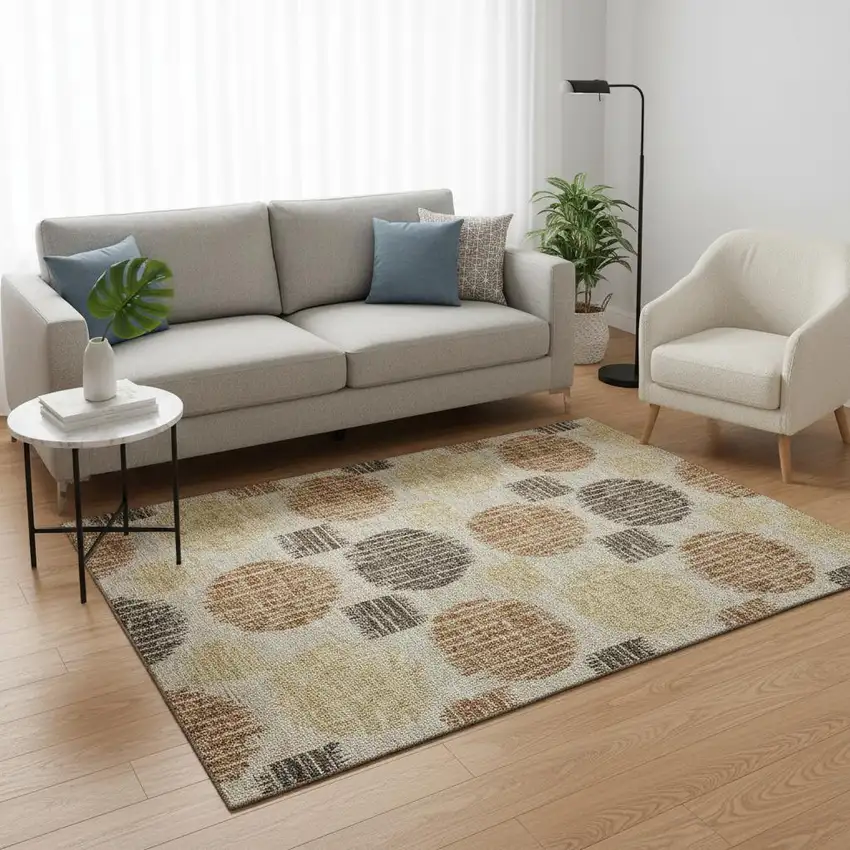 Tan Gold And Brown Geometric Washable Area Rug With UV Protection Photo 2