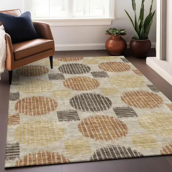 Tan Gold And Brown Geometric Washable Area Rug With UV Protection Photo 5