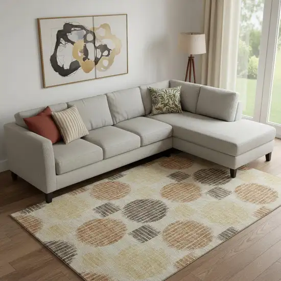 Tan Gold And Brown Geometric Washable Area Rug With UV Protection Photo 1