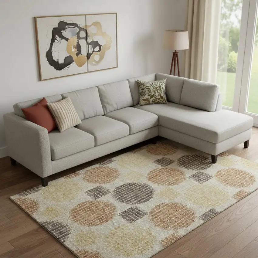 Tan Gold And Brown Geometric Washable Area Rug With UV Protection Photo 1